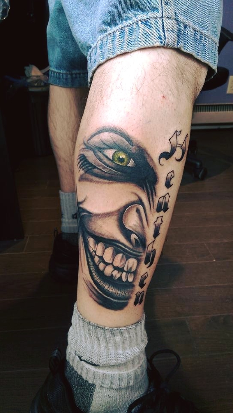 Black Ink Why So Serious 3D Joker Face Tattoo On Lower Sleeve – Truetattoos